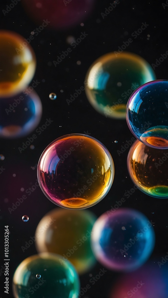Poster soap bubbles float through space, reflecting a rainbow sheen.