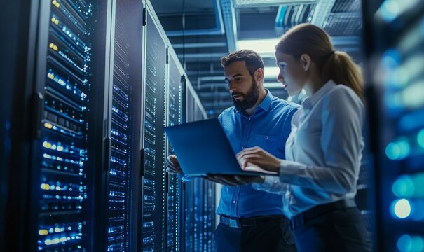 Data Center Female System Administrator and Male IT Specialist talk, Use Laptop. Information Technology Engineers work on Cyber Security Network Protection in Cloud Computing Server