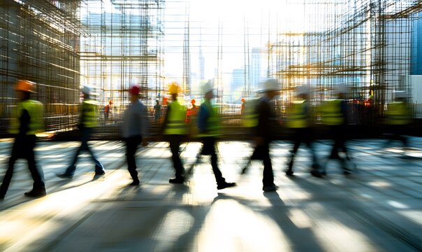 blurred motion of construction workers on site