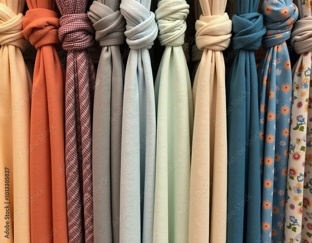 Poster intricately tied curtain knots hang gracefully in a textile shop, displaying a vibrant array of colo