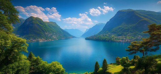 Tranquil mountain lake with lush green hills and a clear blue sky on a sunny day.