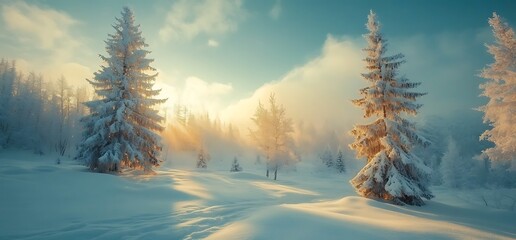 Snow covered fir trees on a snowy mountain at sunrise.
