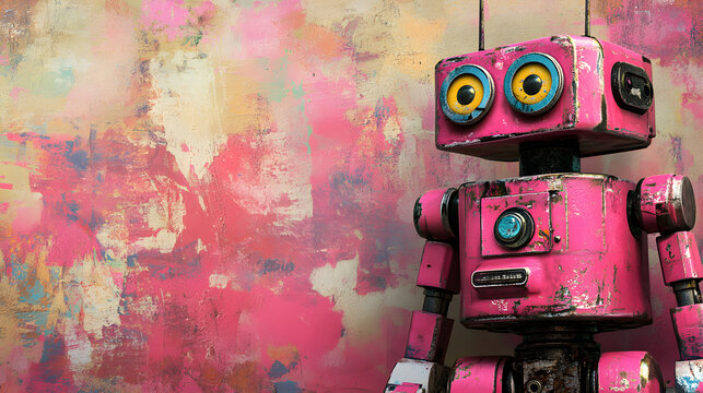 retro pink robot stands against abstract colorful background, evoking nostalgia and creativity