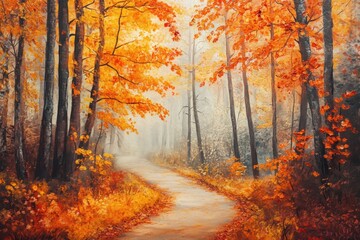 Warm autumn forest pathway for a cozy canvas painting mockup.
