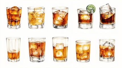 Collection of Whiskey Glasses with Ice Cubes