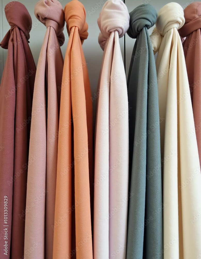 Poster intricately tied curtain knots hang gracefully in a textile shop, displaying a vibrant array of colo