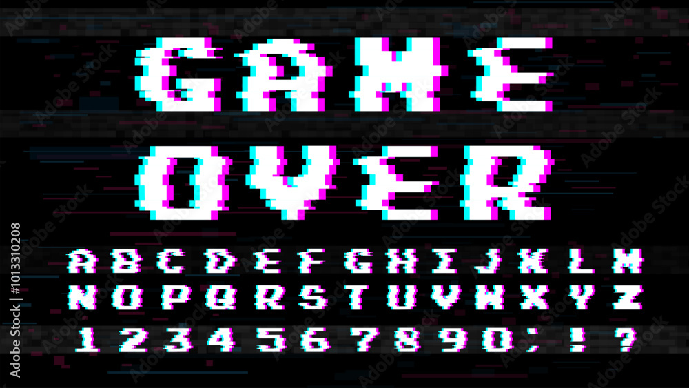 Poster glitch effect font, display screen failure typeface, futuristic cyber type, display screen failure t