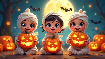 Naklejka premium Cute Mummy Kids Holding Halloween Pumpkins; Adorable and Fun Halloween Characters Perfect for Celebrating the Spooky Season