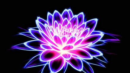 Colourful glowing neon lotus flower on black screen background 