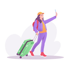 A traveller taking selfie, a flat style illustration 