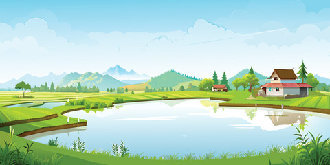 A beautiful lake is present in the middle of the rice fields. Farmhouses vector art illustration