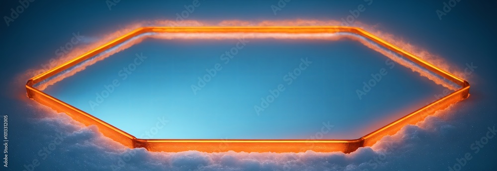 Poster orange, hexagonal neon light outline set on a cold, icy surface with scattered transparent ice chunk