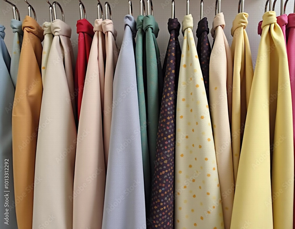 Poster intricately tied curtain knots hang gracefully in a textile shop, displaying a vibrant array of colo