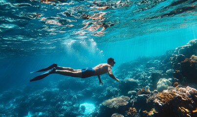 Man snorkeling near coral reef in clear blue water, Generative AI