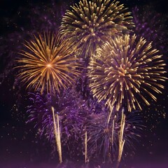 spectacular gold and purple fireworks background, new year celebration concept. generative ai