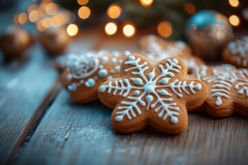 Star-shaped gingerbread cookie decorated with white icing
