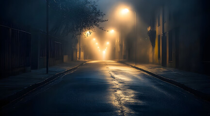 A desolate urban street shrouded in fog and illuminated by overhead streetlights, evoking a sense of mystery, suspense, and the unknown in a modern urban setting with cinematic quality