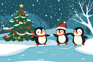 Fototapeta premium Cute baby animals sliding on frozen river illustration. have fun in winter. Little penguins having fun on the ice rink. Winter holiday background with festive Christmas tree