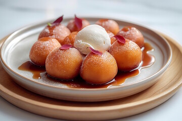 Gulab jamun with ice cream and rose petals, concept of elegant dessert served for special festive occasions