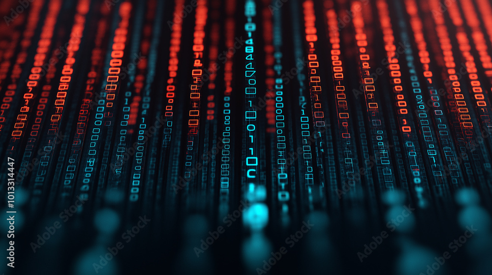 Poster Binary computer matrix code data stream abstract ,A digital landscape rows of numbers floating in midair,AI,LLM ,earth,transmission , global internet network ,cloud storage,encryption,background.