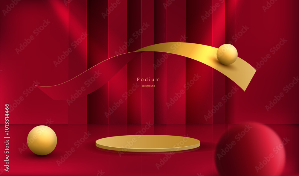 Poster podium with gold pedestal and ribbon studio empty room for display product. geometric round stage pl