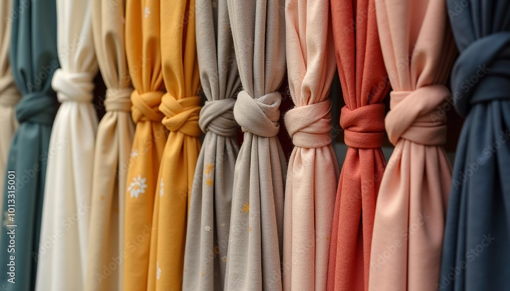 Poster intricately tied curtain knots hang gracefully in a textile shop, displaying a vibrant array of colo