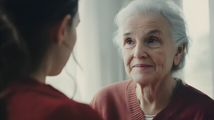Caring nurse talking to senior patient with warm expression