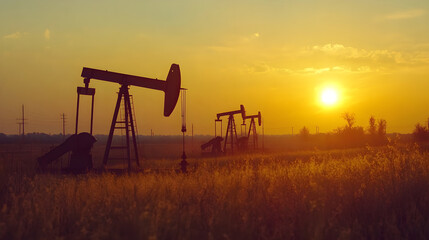 Fototapeta premium Oil pump jacks in field at sunset create serene landscape