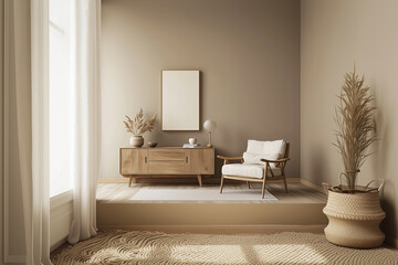 A tranquil living area with minimalist decor and soft lighting, perfect for showcasing relaxation and mindfulness in modern interior design