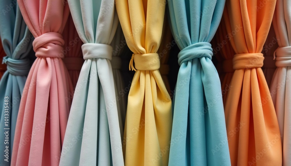 Poster intricately tied curtain knots hang gracefully in a textile shop, displaying a vibrant array of colo
