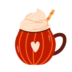 Pumpkin Spice Coffee with cream. Autumn hot drink isolated on white background. Seasonal flavored products, vector flat illustration