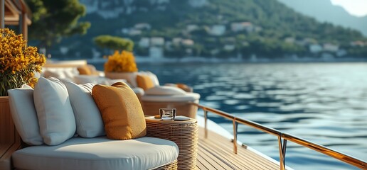 Relaxing on a yacht with the ocean in the background.