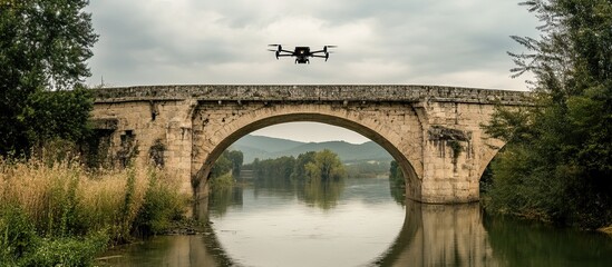 Obraz premium Drone Flying Over Ancient Stone Bridge