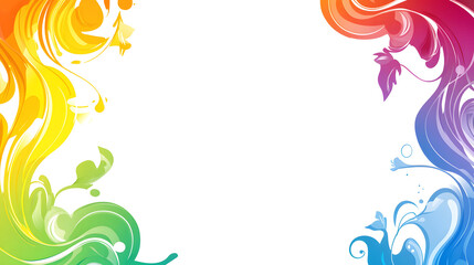 Colorful Floral Frame with Abstract Leaves and Swirls on White Background