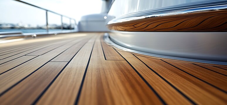 Teak wood deck on a yacht with a chrome trim.