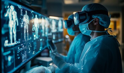 Surgeons Wearing AR Headsets And Using High-Precision Remote Controlled Robot Arms To Operate On Patient In Hospital. Doctors Working With Robotic Limbs, Observing Vitals On Holographic VFX