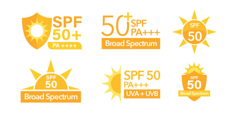 Sunscreen shield information, 50 SPF UVA and UVB, PA++++, broad spectrum with yellow sun logo icon, editable vector isolated from background set. simple and informative