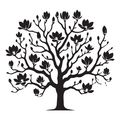 Obraz premium Magnolia Tree Vector illustration in black and white - Magnolia Plant Silhouette Design