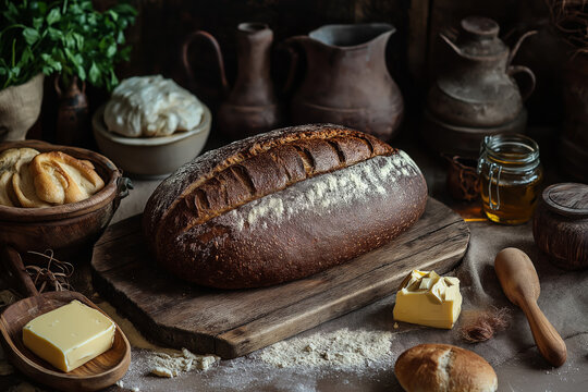 Traditional Latvian Rye Bread Loaf with Butter and Rustic Background
