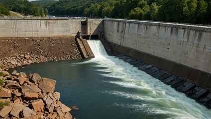 Reservoir held by a dam, controlling water flow.