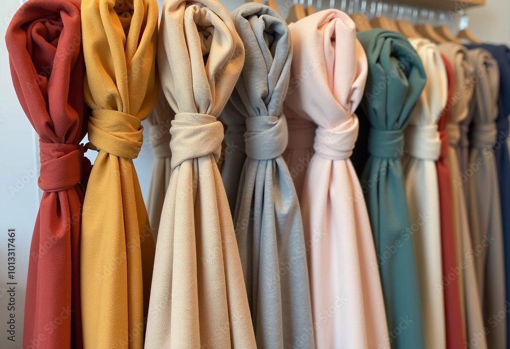 Poster intricately tied curtain knots hang gracefully in a textile shop, displaying a vibrant array of colo