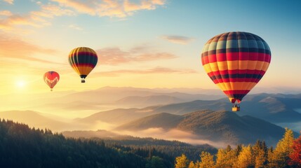 Fototapeta premium Two colorful hot air balloons gliding over misty mountains with a beautiful sunrise backdrop