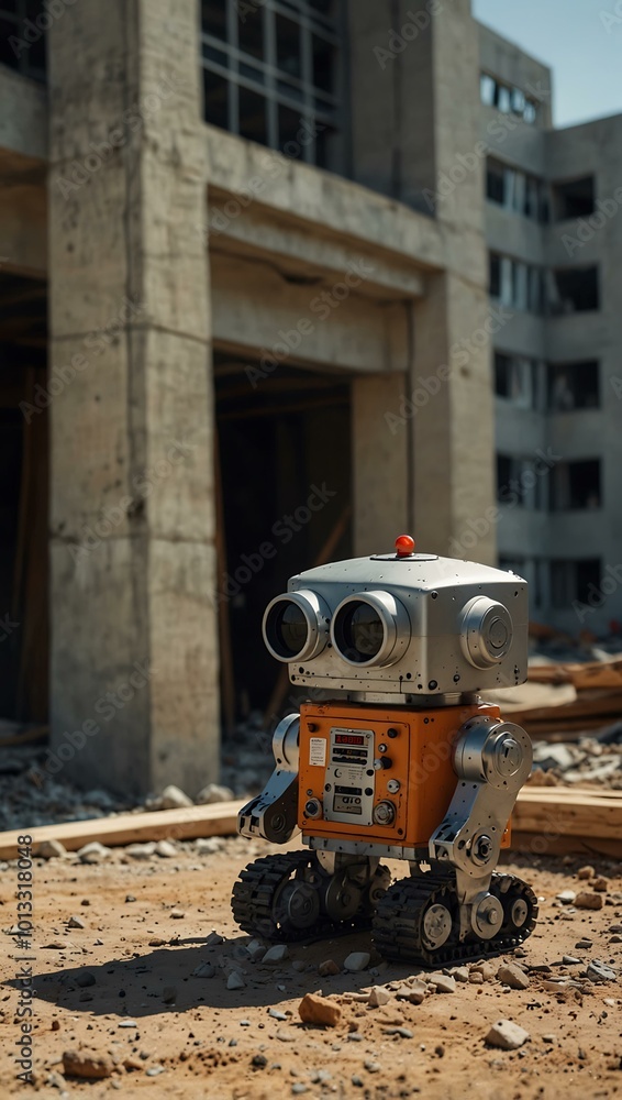 Poster robot in a hard hat by a building under construction.