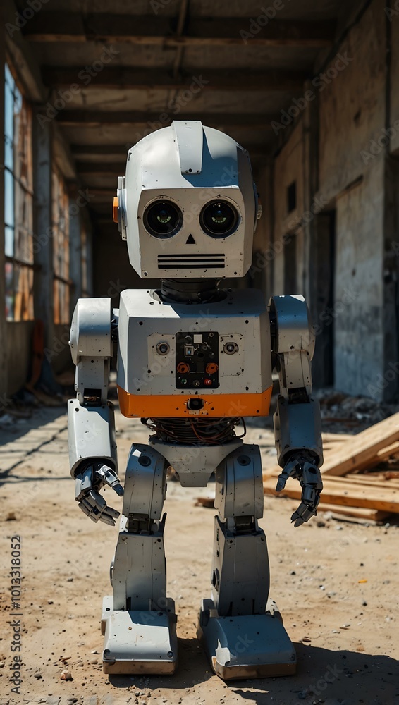Poster robot in a hard hat by a building under construction.
