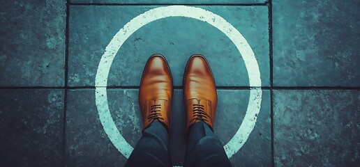 Top view of a person standing inside a circle painted on a blue stone floor.