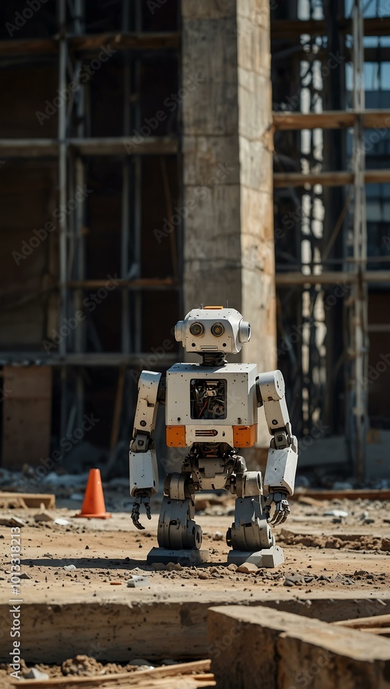 Poster robot in a hard hat standing next to a building under construction.