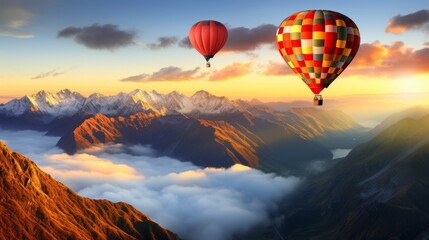 Obraz premium Two colorful hot air balloons soaring over misty mountains at sunrise, creating a scenic view