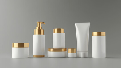 3D rendering design of various white and gold beauty product bottles design, jars, tubes design, pump heads design, front view design, on a gray background design