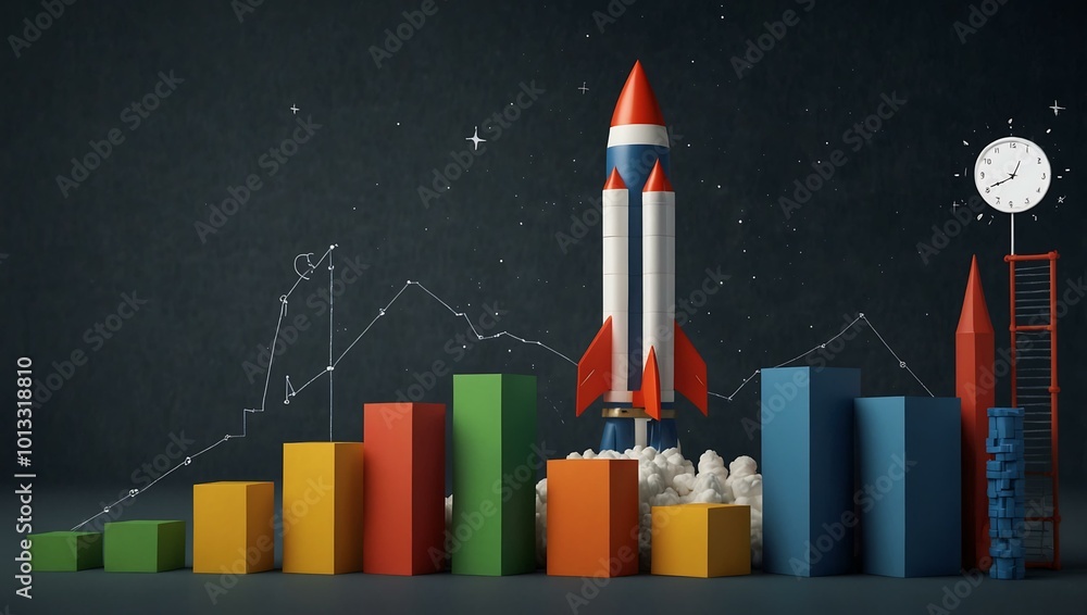 Poster rocket launch with a bar graph symbolizing business growth.