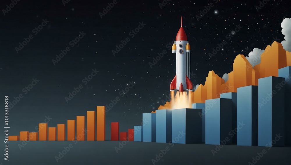 Poster rocket launch with a bar graph symbolizing business growth.